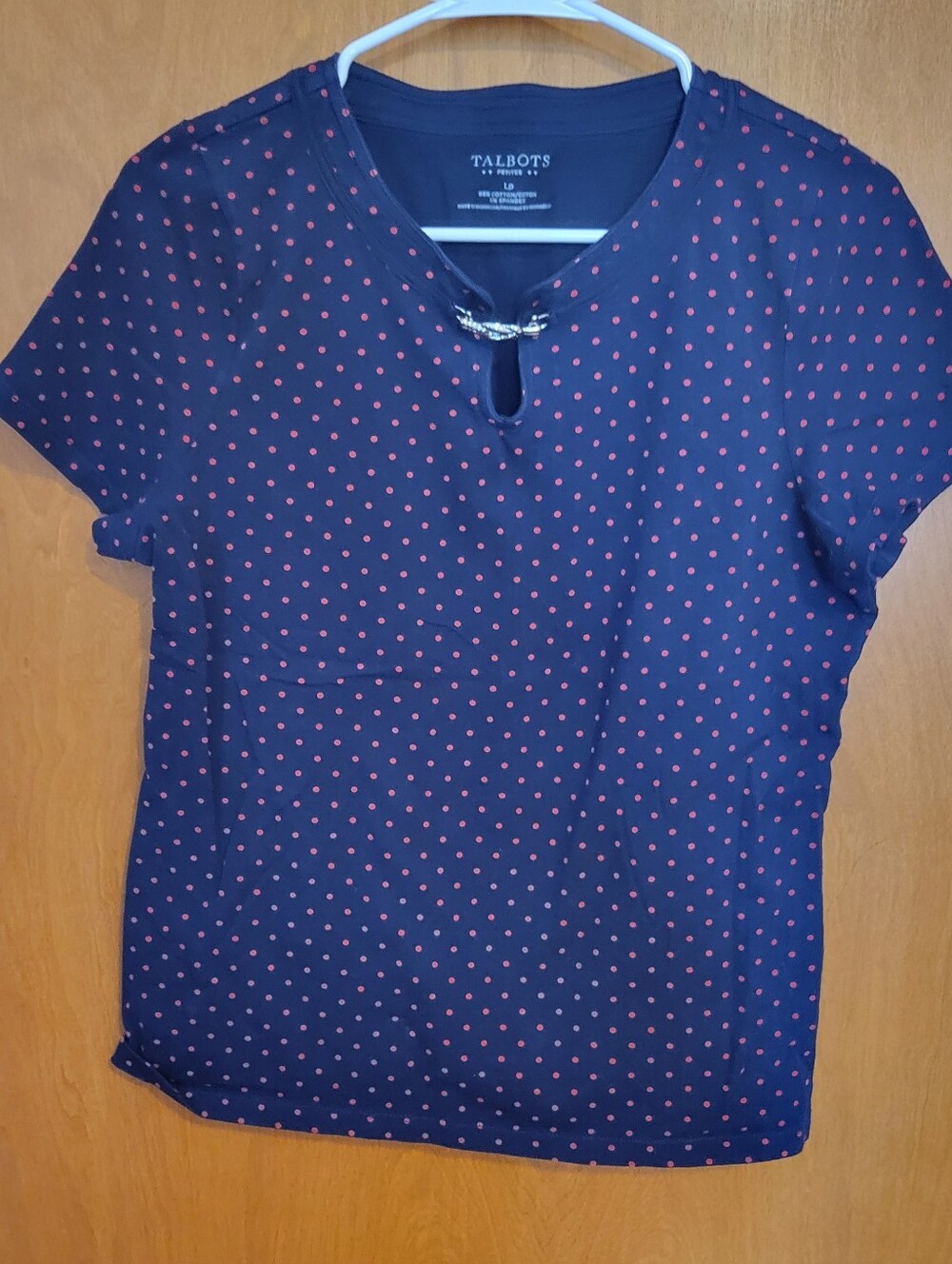 Talbots Petites Navy Short Sleeve Top with Red Polka Dots, Size LP